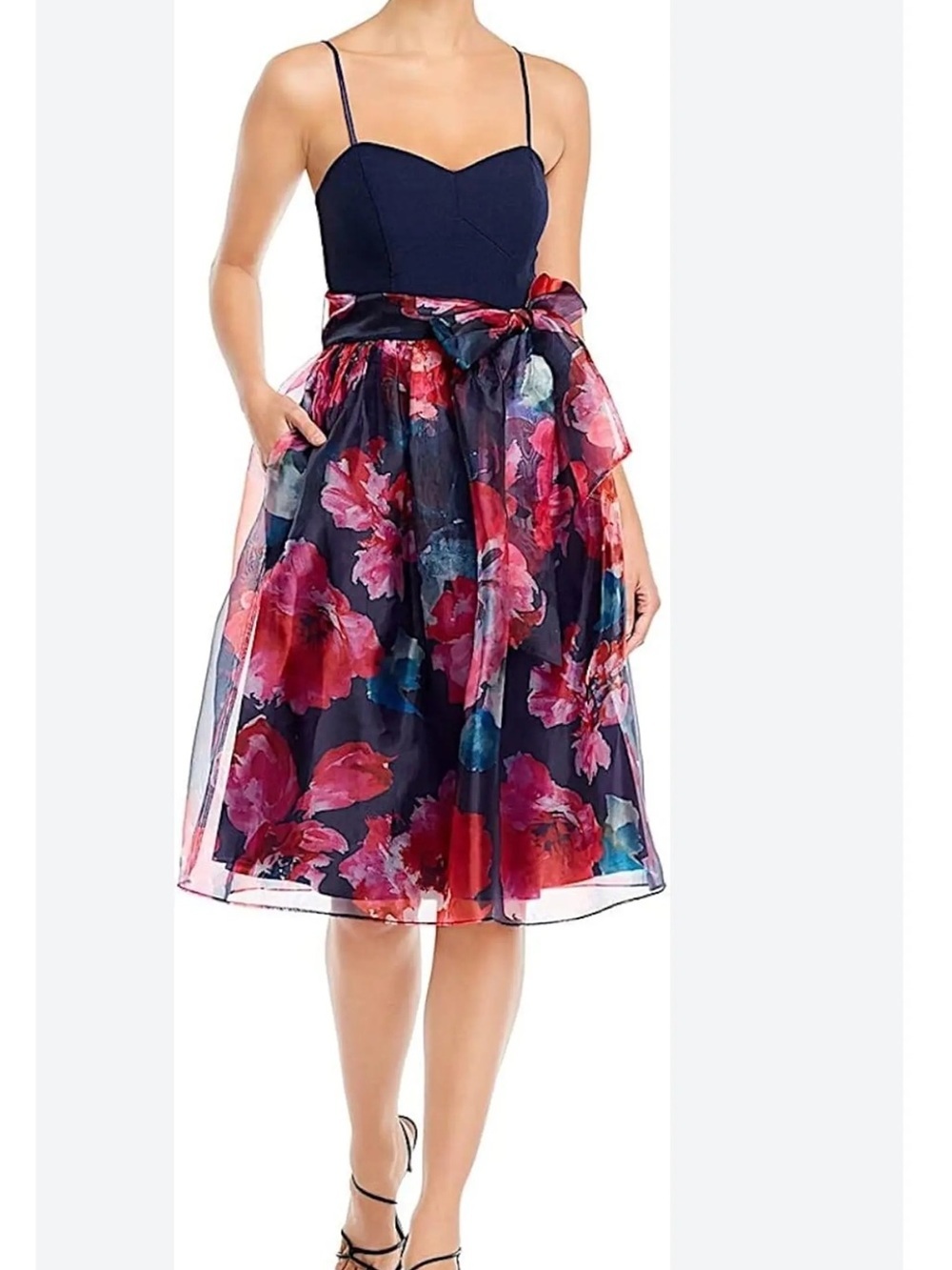 Eliza J Navy Blue Pink Floral Tulle Midi Cocktail Formal Dress Sleeveless Event